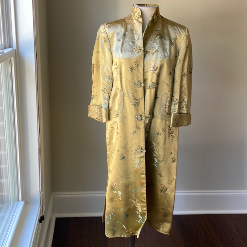 Gold Satin Embroidered Long Coat
